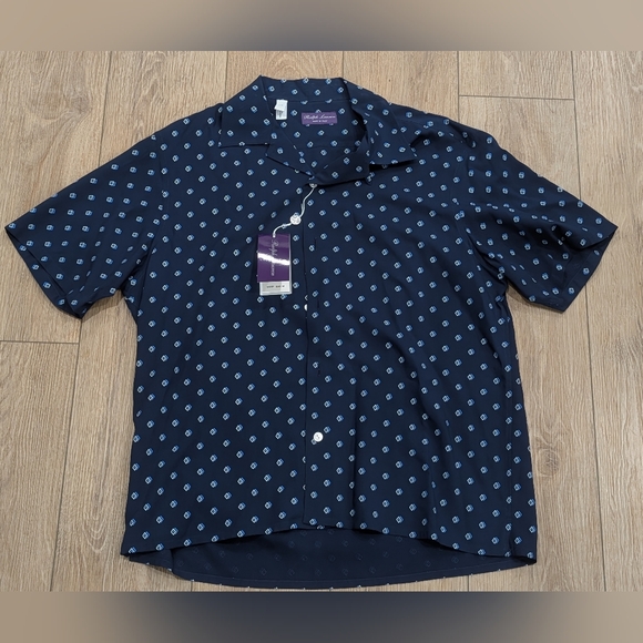 $595 Ralph Lauren Purple Label Geometric Print SS Button Up Shirt Navy Large
